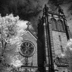 A Gothic-style church with intricate stonework and a prominent rose window stands against a dramatic sky, framed by leafy trees.