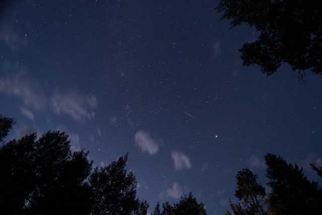 An orange-red streak is visible against a dark blue sky with scattered white clouds, surrounded by silhouetted trees at the bottom and top of the frame.