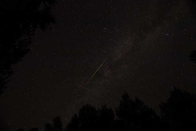 A bright streak of light crosses through a starry sky over a forested area at night.