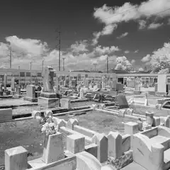An old cemetery featuring multiple headstones and mausoleums.