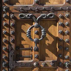 An intricately detailed wooden door is adorned with ornate metal accents and features a sturdy lock.