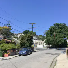 A street is lined by trees and houses with a blue car parked on the side of the road.