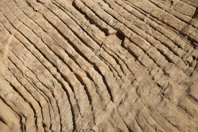 A rocky surface features a distinctive pattern of grooves and ridges that run diagonally across it.