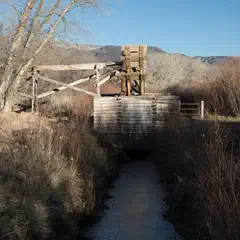 An old wooden waterwheel is situated atop a raised platform surrounded by tall grasses and trees.