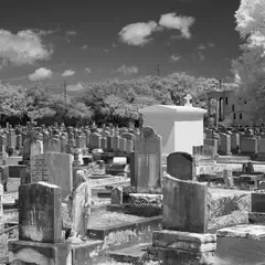 A cemetery with numerous headstones and a large white structure at its center.