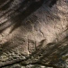 An outcropping of sandstone displays ancient petroglyphs in the shadows, while sunlight illuminates other areas.