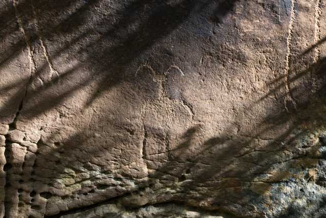 An outcropping of sandstone displays ancient petroglyphs in the shadows, while sunlight illuminates other areas.