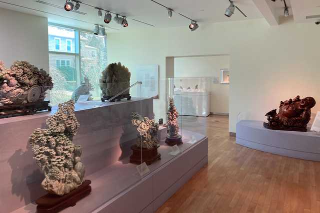 A gallery room contains several sculptures displayed on dark stands and within glass cases.