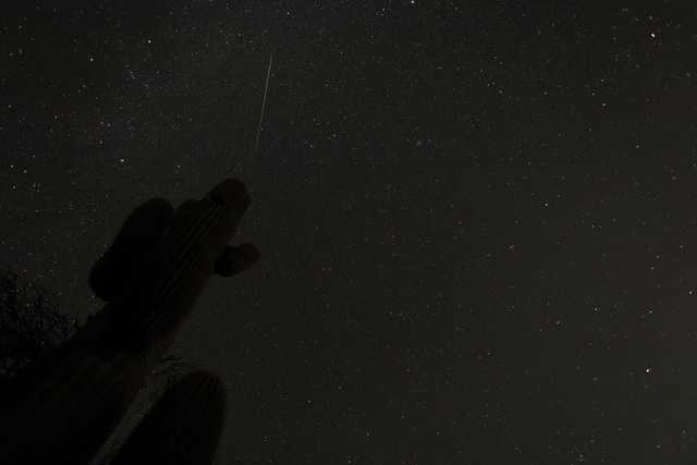 A streak of light is visible in the night sky above a desert landscape with saguaro cacti and other vegetation.
