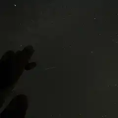 An orange streak is visible against a starry sky, with a cactus and its shadow silhouetted in the foreground.