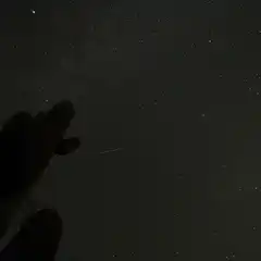 An orange streak is visible against a starry sky, with a cactus and its shadow silhouetted in the foreground.