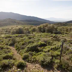 A dirt path extends toward hills. A fence and crosses are in the foreground. Mountains appear in the distance under a pale sky.