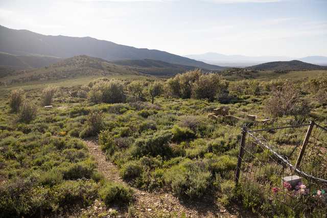 A dirt path extends toward hills. A fence and crosses are in the foreground. Mountains appear in the distance under a pale sky.