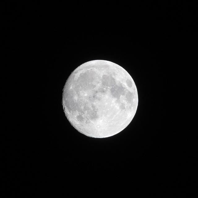 Large full moon against dark night sky.