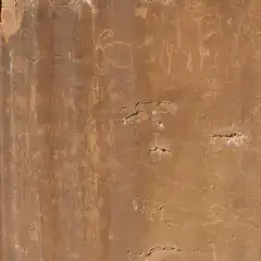 A smooth, red sandstone cliff face covered with dozens of petroglyphs.