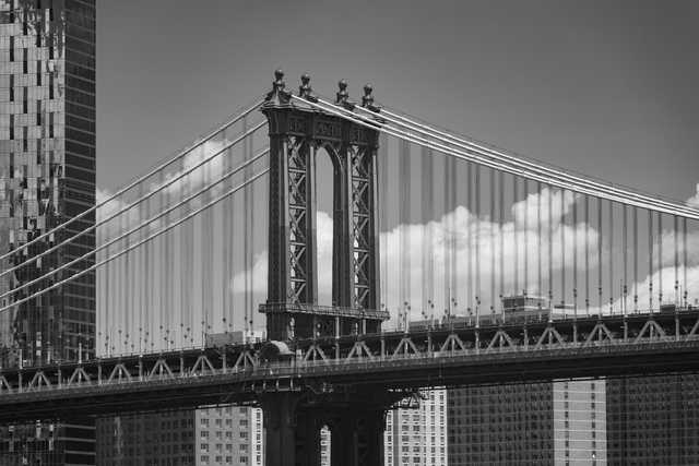 A suspension bridge spans across the frame, with tall buildings in the background.