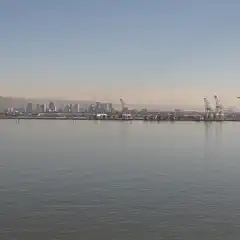 A calm body of water reflects several large cranes and a distant city skyline.