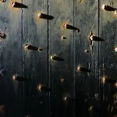 An old wooden door has several large metal studs protruding from it.