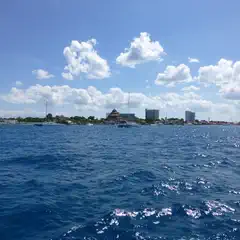 A calm sea under a cloudy sky, with boats and buildings on the horizon.