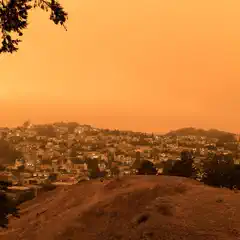 An orange sky is visible above a densely populated hillside neighborhood, with numerous houses and buildings clustered together on the slope.