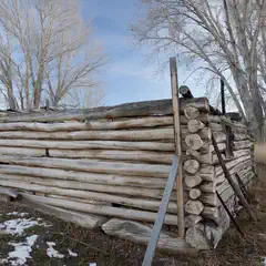 An old, weathered log cabin sitting alone on a snowy ground with bare trees in the background.