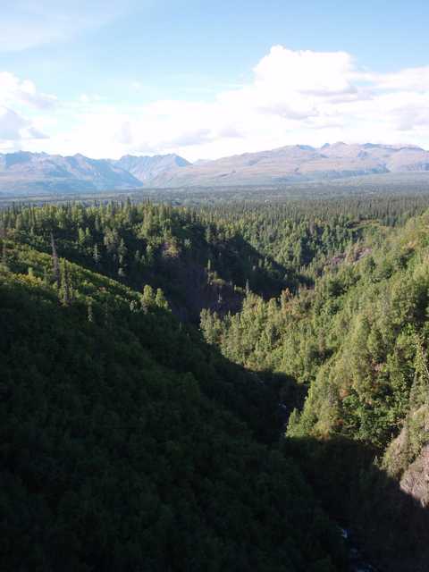 A valley filled with trees and surrounded by mountains under a partly cloudy sky.