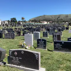 A cemetery contains numerous dark-colored headstones on a grassy hillside beneath a clear blue sky.