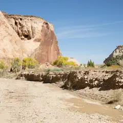 A large sandstone cliff rises behind a dry riverbed lined with yellow-green shrubs and trees.
