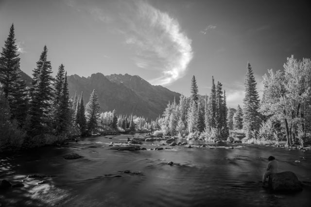 A serene black-and-white landscape featuring a flowing river, dense evergreen forest, distant mountains, and a person sitting contemplatively on a rock.
