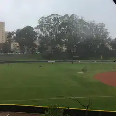 A baseball field on an overcast day with a few players visible and trees surrounding the perimeter.