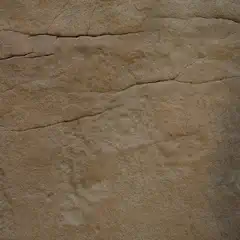 A beige rock face with prominent horizontal cracks and lines under faint petroglyphs of animals.