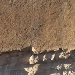 A large section of sandstone rock is visible, characterized by its rough texture and numerous scratches.