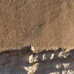 A large section of sandstone rock is visible, characterized by its rough texture and numerous scratches.