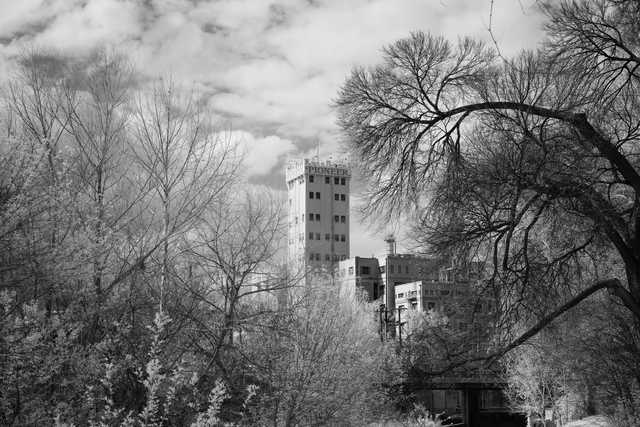 A large industrial building with multiple levels and a prominent tower, surrounded by bare trees and partially obscured by branches.