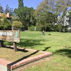 A grassy field is bordered by trees and buildings.