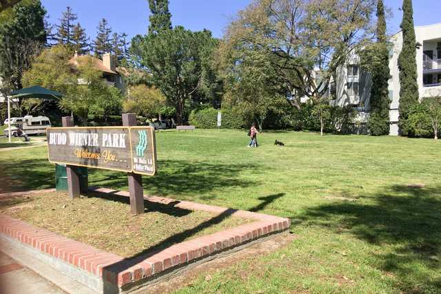 A grassy field is bordered by trees and buildings.
