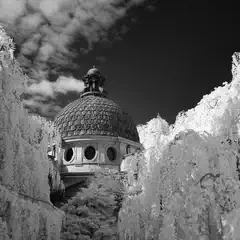 A domed building with circular windows stands between dense trees under a cloudy sky.