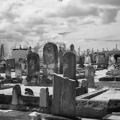 A graveyard is filled with numerous headstones and grave markers.