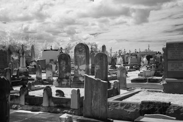 A graveyard is filled with numerous headstones and grave markers.