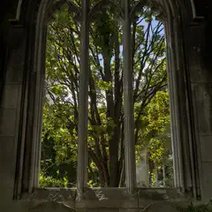 A Gothic arched window frames a view of leafy trees and a bright sky, with two weathered gravestones in the foreground.