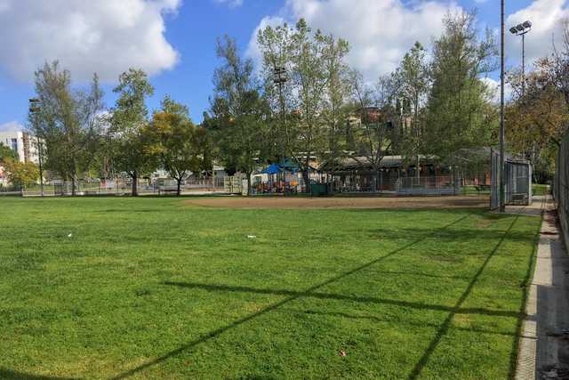 A grassy field enclosed by a fence, with trees and buildings in the background under a partly cloudy sky.