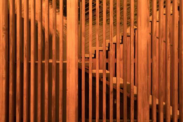 An outdoor staircase is visible through a slatted wooden fence or gate, under warm orange light.