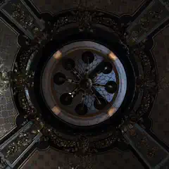 A circular skylight with a decorative metal grille is framed by ornate gilded carvings and patterned ceiling panels.