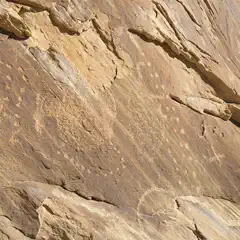 A sandstone cliff face features numerous petroglyphs, including animals and abstract designs.