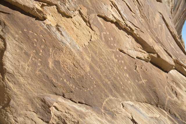 A sandstone cliff face features numerous petroglyphs, including animals and abstract designs.