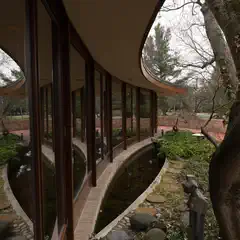 A modern house with a curved roof and large windows overlooking a garden with trees and a stream.