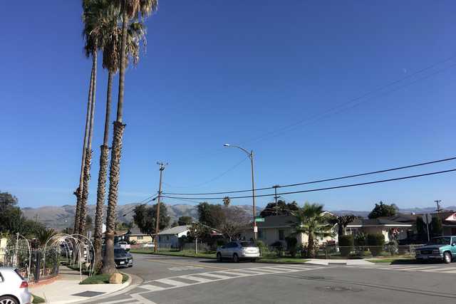A suburban street intersection with palm trees and houses under a clear blue sky.