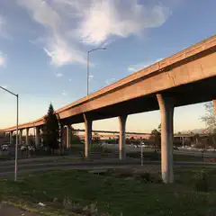 An elevated concrete highway spans over a grassy area, supported by numerous columns.