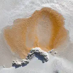 A circular area of orange and brown sediment is surrounded by white, textured ground.