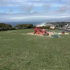 A grassy field slopes down to a playground and a residential neighborhood overlooking the ocean.